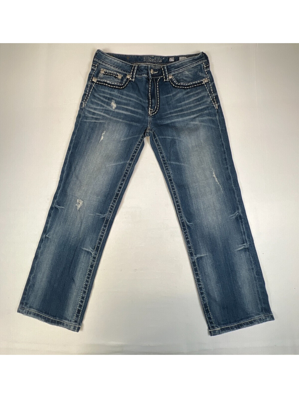 Miss Me Women 29x26 Boyfriend Jeans Blue Distressed Rhinestone Pocket Denim